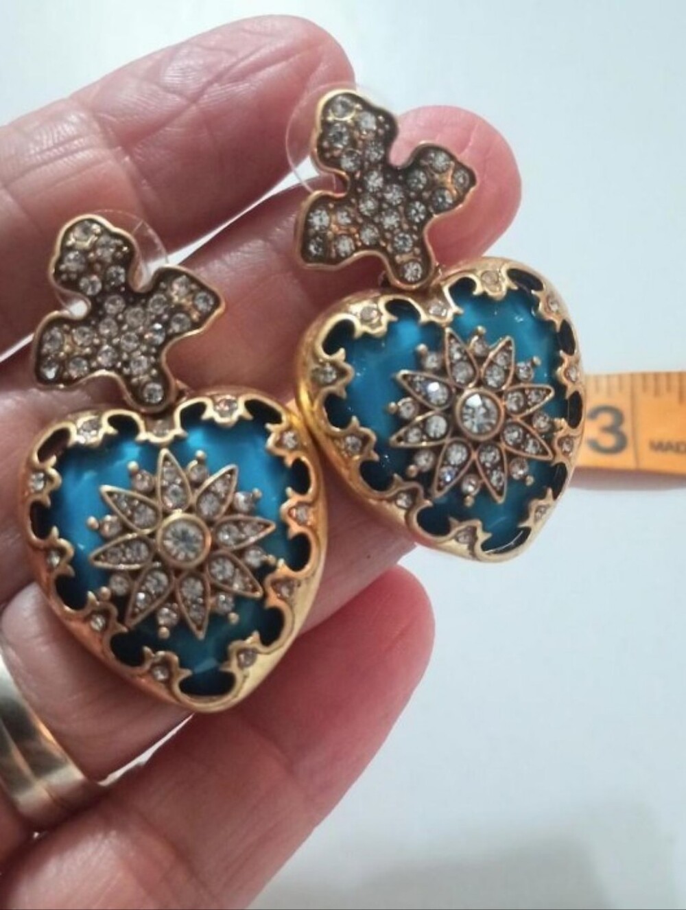 Blue Heart Drop Earrings with Rhinestone Starburst